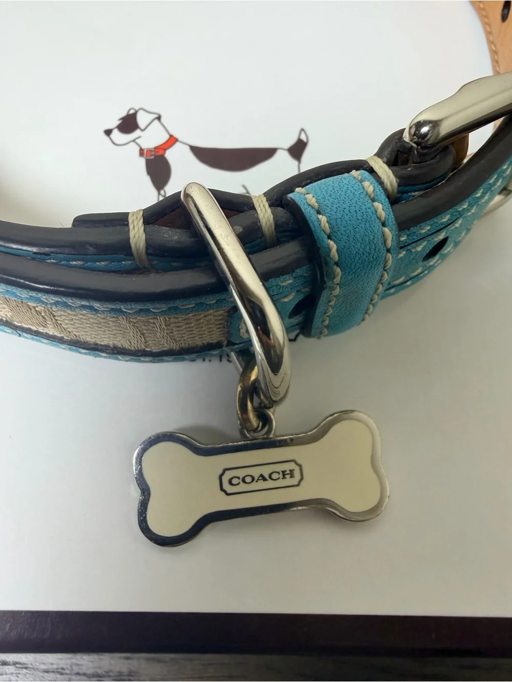 Coach Turquoise and Beige Signature Canvas & Leather Dog Collar with Bone Tag